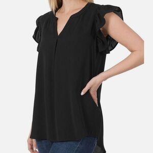 Black Knit Ruffle Sleeve High Low Top